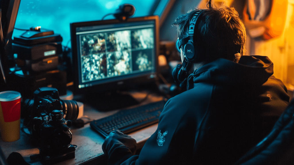 A diver sitting at a computer, reviewing underwater photos on the screen, with camera equipment and a warm beverage nearby.