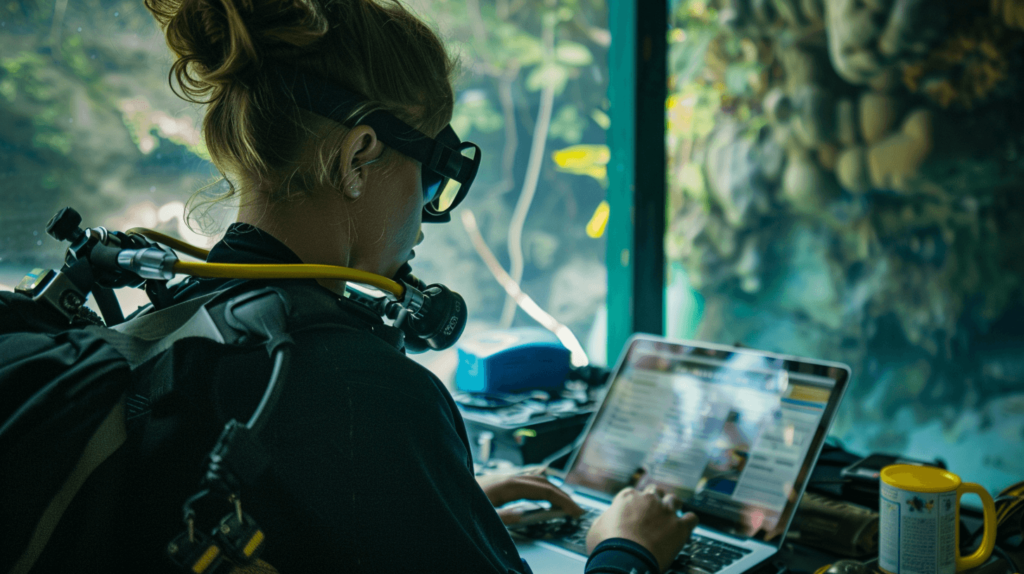 A student taking an online scuba theory course on a laptop