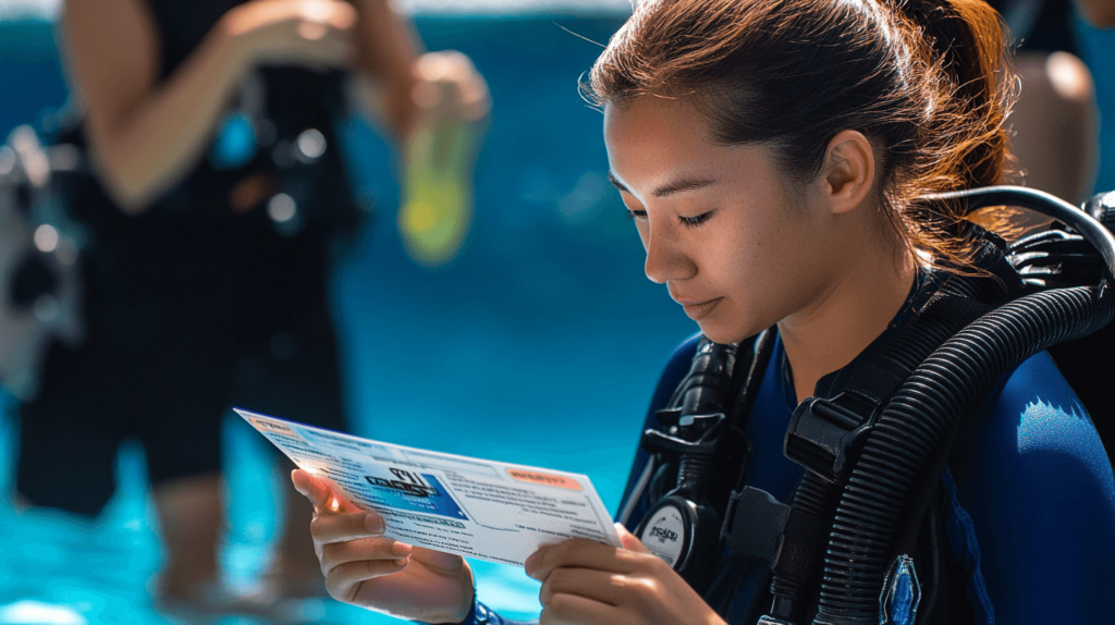  A diver comparing PADI, SSI, and NAUI certification cards