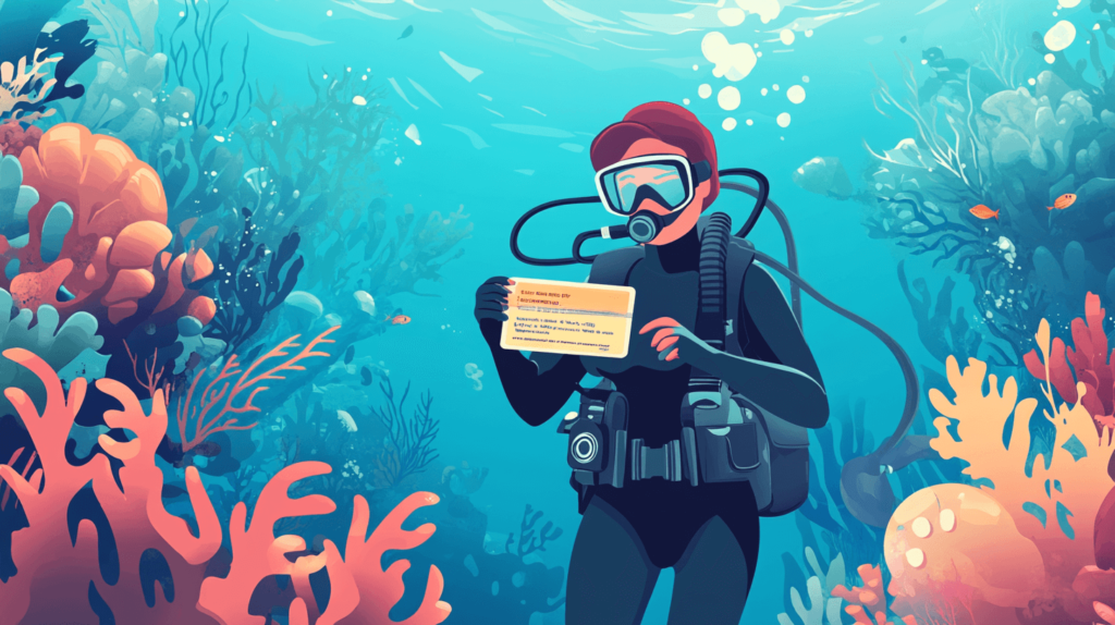 A professional diver holding a certification card in an underwater setting