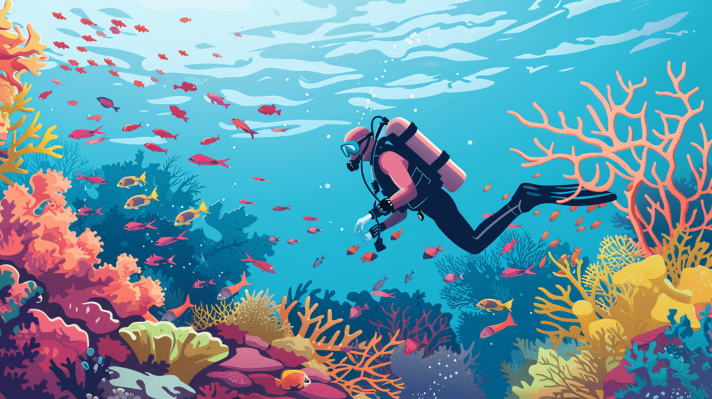 A diver in real underwater conditions, exploring coral reefs.