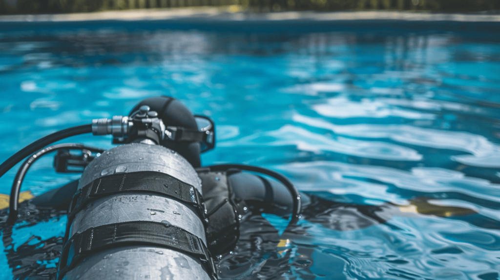 A beginner diver practicing skills in a swimming pool.